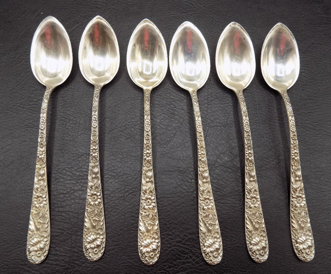 6 ornate vintage Kirk and Sons Repousse sterling grape fruit spoons: 6 ornate vintage Kirk and Sons Repousse sterling grape fruit spoons . Great quality and detail. 6 inches. Marked on back as shown in photo. 186 gm