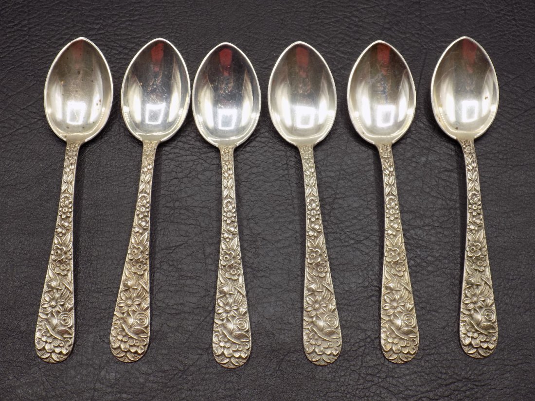 6 ornate vintage Kirk and Sons Repousse sterling demitasse spoons: 6 ornate vintage Kirk and Sons Repousse sterling demitasse spoons. Great quality and detail. 4 3/8 inches. Marked on back as shown in photo. 82