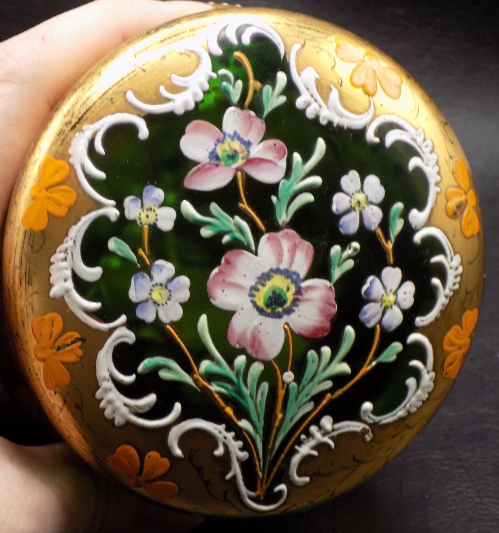 Nicely Hand Painted Victorian Art Glass Jewelry Box: Nicely Hand Painted Victorian Art Glass Jewelry Box. Beautiful colors. Great quality and detail. 3 inches tall x 3 3/8 wide at base