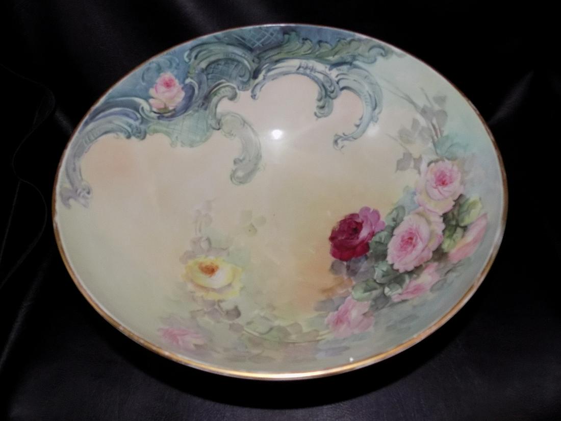 Lovely Vintage Hand Painted Limoges Center Or Punch Bowl: Lovely Vintage Hand Painted Limoges Center Or Punch Bowl. Beautiful roses and grapes. Marked on bottom as shown in photo. 6 ¾ inches tall x 13 1/8 wide at top. Great quality and detail. In very