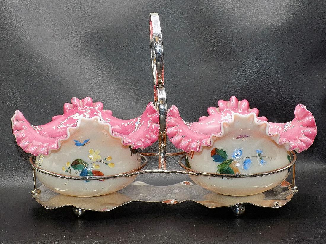 Unusual Victorian Decorated Art Glass Double Bride’s Basket (1 of 12)