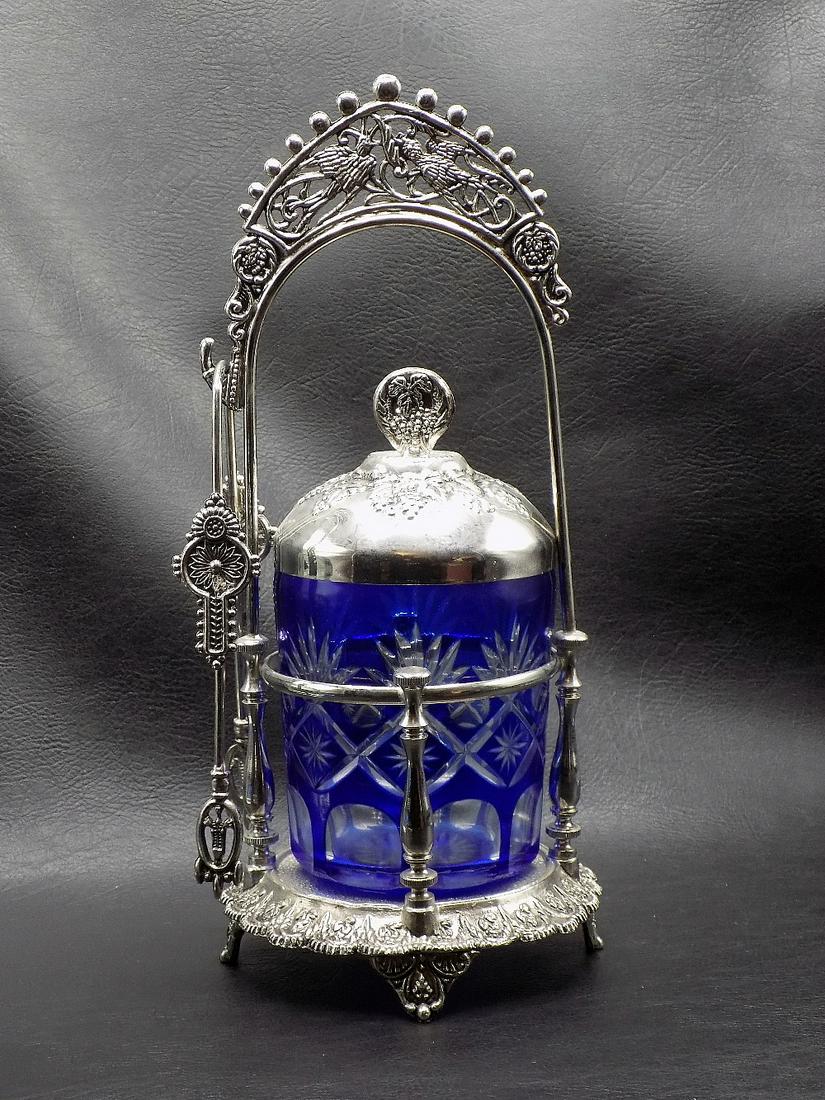 Fancy Victorian Blue Cut Clear Art Glass Pickle Castor with Birds and Grapes (1 of 11)