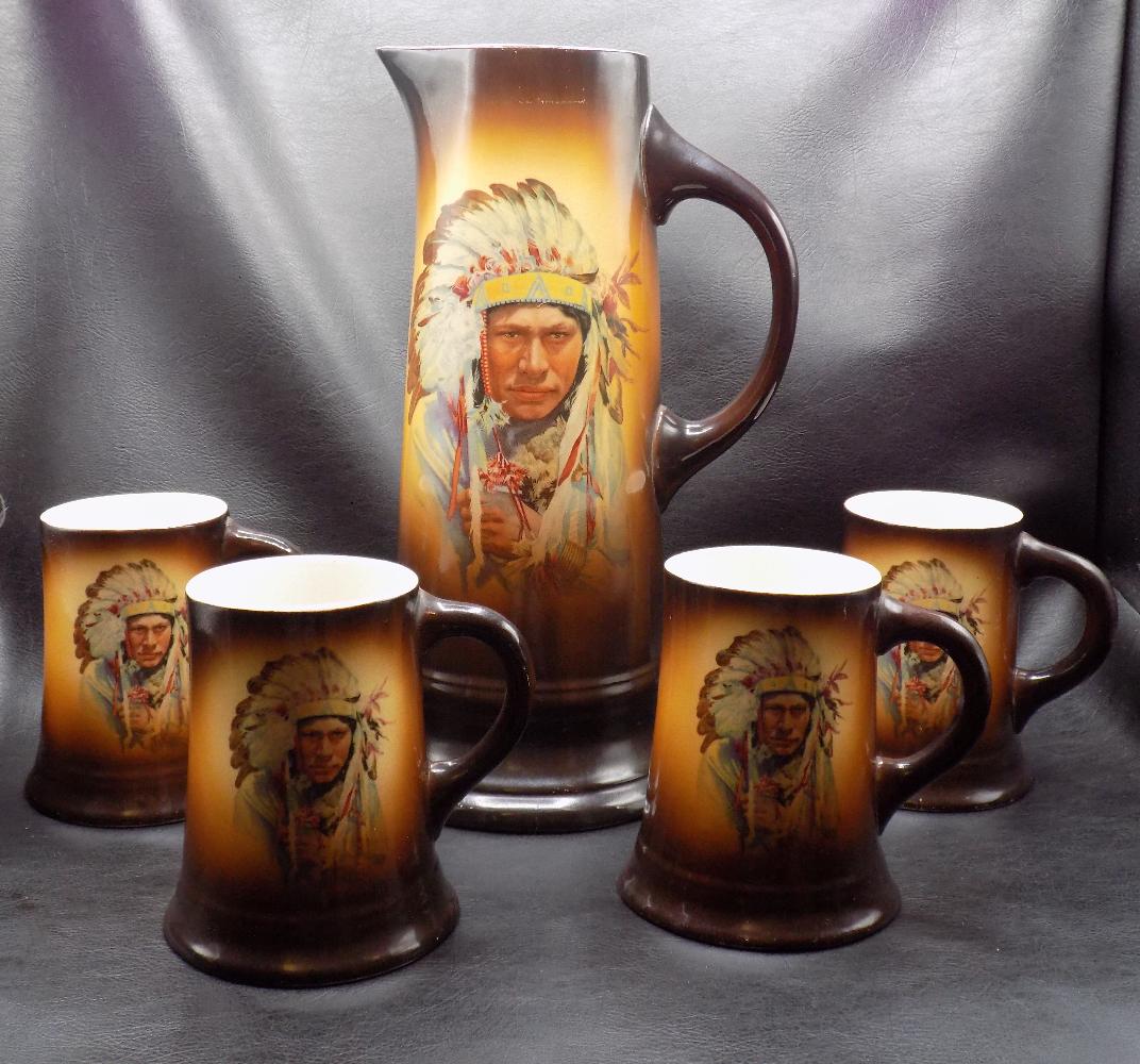 Vintage Native American Indian Chiefs Portrait Tankard with 4 Mugs (1 of 11)