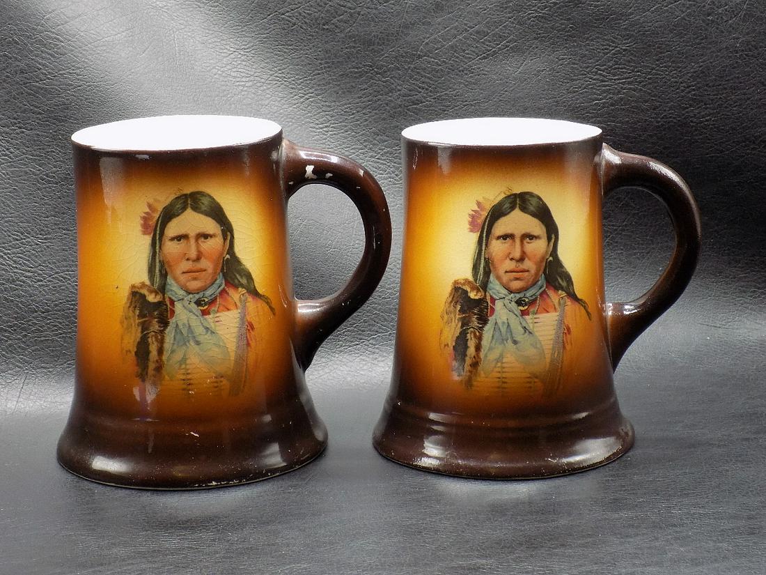 Two Vintage Native American Indian Warrior Portrait Mugs: Two Vintage Native American Indian Warrior Portrait Mugs. Marked Warwick on bottoms as shown in photos. Beautiful Colors. Great quality and detail. In very good original as found condition. 4 ¾ i
