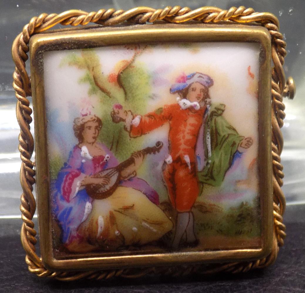 Vintage hand painted Limoges France porcelain broach: Vintage hand painted Limoges France porcelain broach. Marked on back. Great quality and detail. In very good original as found condition. 1 ½ inches square