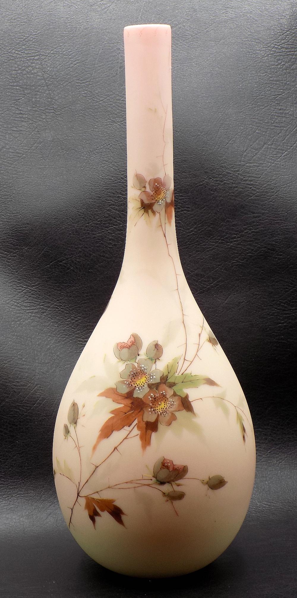 Fabulous antique Signed Thomas Webb Burmese art glass vase: Fabulous antique Signed Thomas Webb Burmese art glass vase. Beautiful floral decoration with soft colors. Satin glass. Great quality and detail. In very good original as found condition. 12 ¼ inc