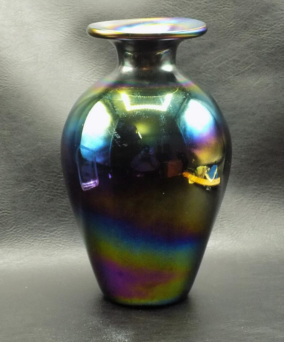 Vintage Imperial Pearl amethyst art glass vase: Vintage Imperial Pearl amethyst art glass vase. Beautiful iridescence. In very good original as found condition. Unmarked with ground pontil. 7 ¼ inches tall