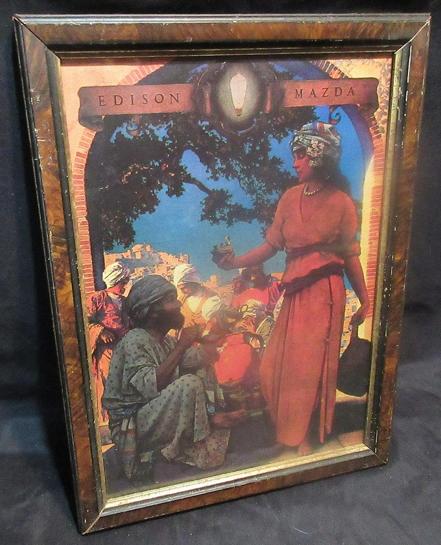 Vintage Edison Mazda advertising by Maxfield Parrish: Vintage Edison Mazda advertising by Maxfield Parrish. Beautiful colors. In very good original as found condition. Frame 15 ½ x 11 ½.