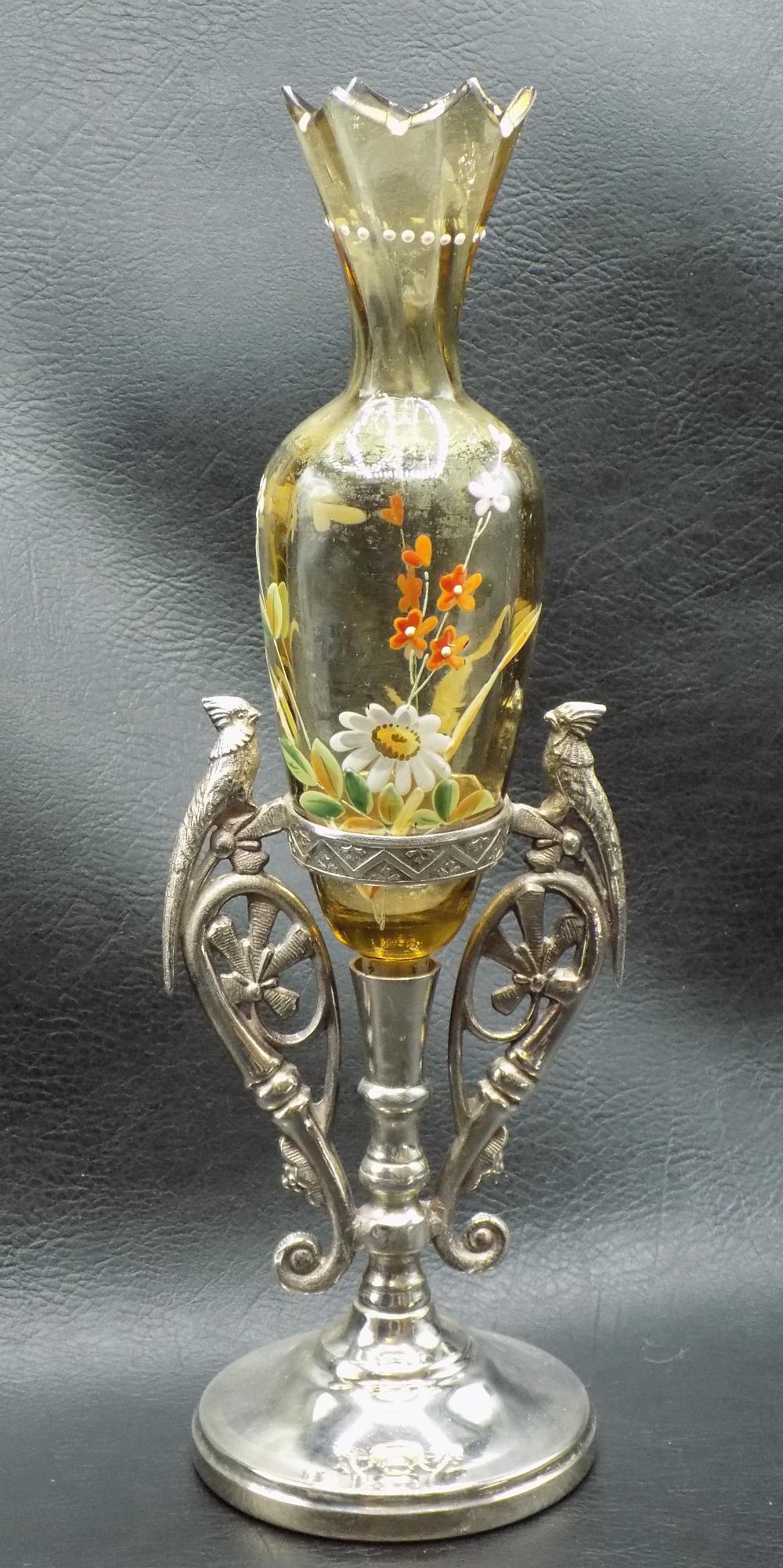 Beautiful Victorian Art Glass Vase with figural Bird holder: Beautiful Victorian Art Glass Vase with figural Bird holder. Hand painted amber art glass. Silverplate holder with pheasants. No marking on holder. Great quality and detail. In very good original as f