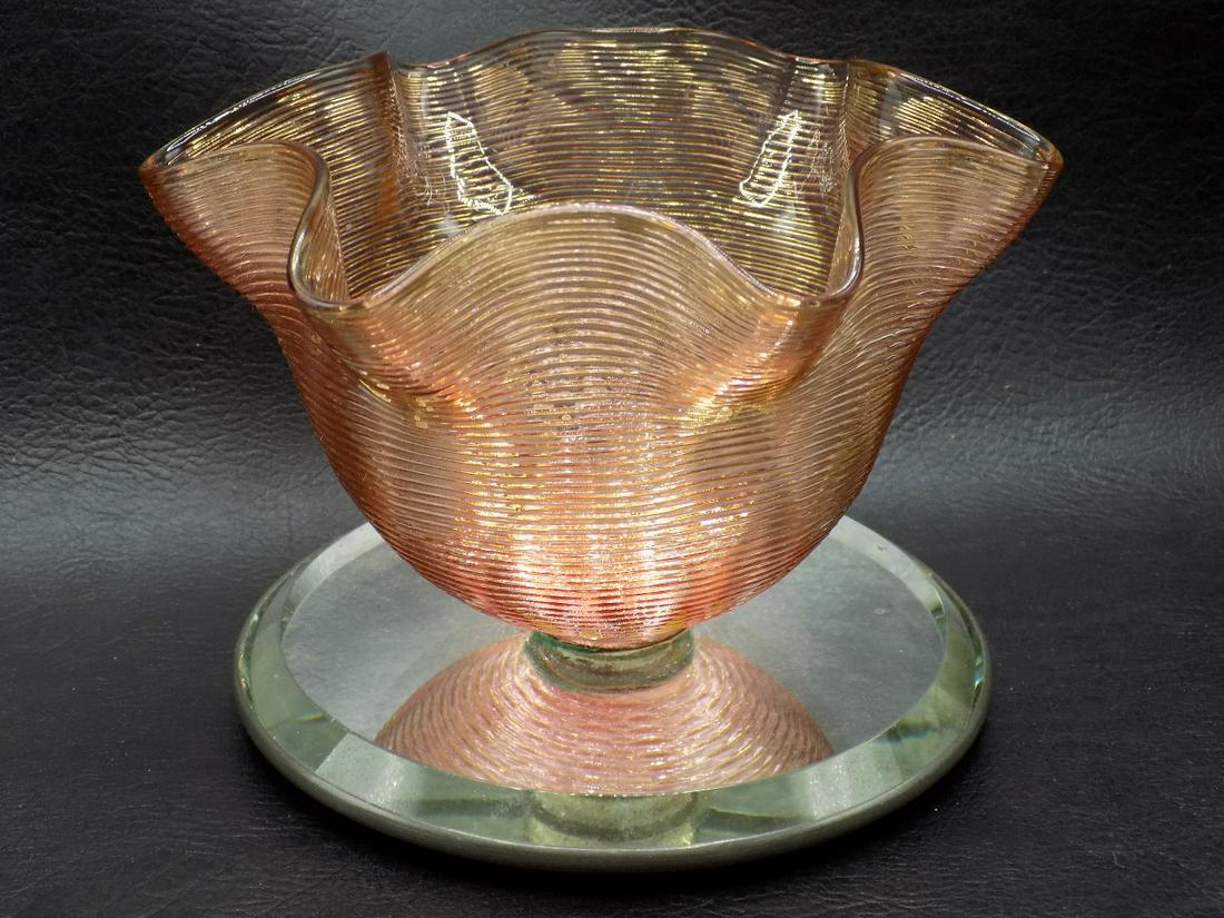 Unusual antique cranberry threaded art glass bowl with beveled mirror base: Unusual antique cranberry threaded art glass bowl with beveled mirror base. Beautiful colors. Great quality and detail. In very good original as found condition. 4 1/4 inches tall x 5 ½ wide at b