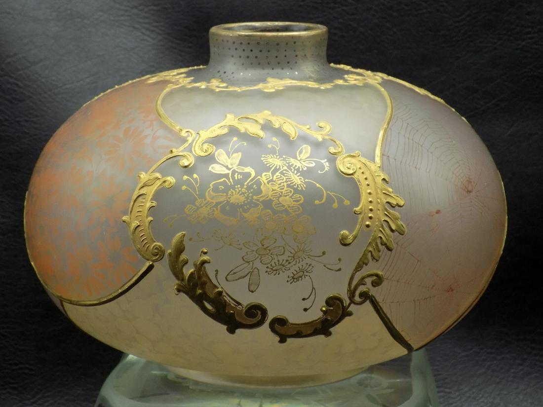 Victorian Mt. Washington Royal Flemish art glass vase: Rare Victorian Mt. Washington Royal Flemish art glass vase. Beautiful colors. With flowers and spider web design. Marked on bottom as shown in photo. Great quality and detail. 5 inches tall x 7 wide a