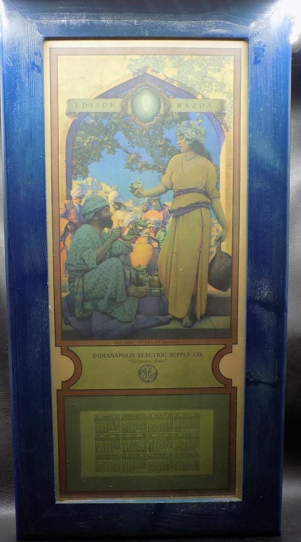 1922 Edison Mazda advertising calendar Maxfield Parrish: 1922 Edison Mazda advertising calendar Maxfield Parrish The Lamp Seller of Bagdad. Indianapolis Electric Supply Company G E. In very good original as found condition. Frame 21 inches x 10 ¾ inche