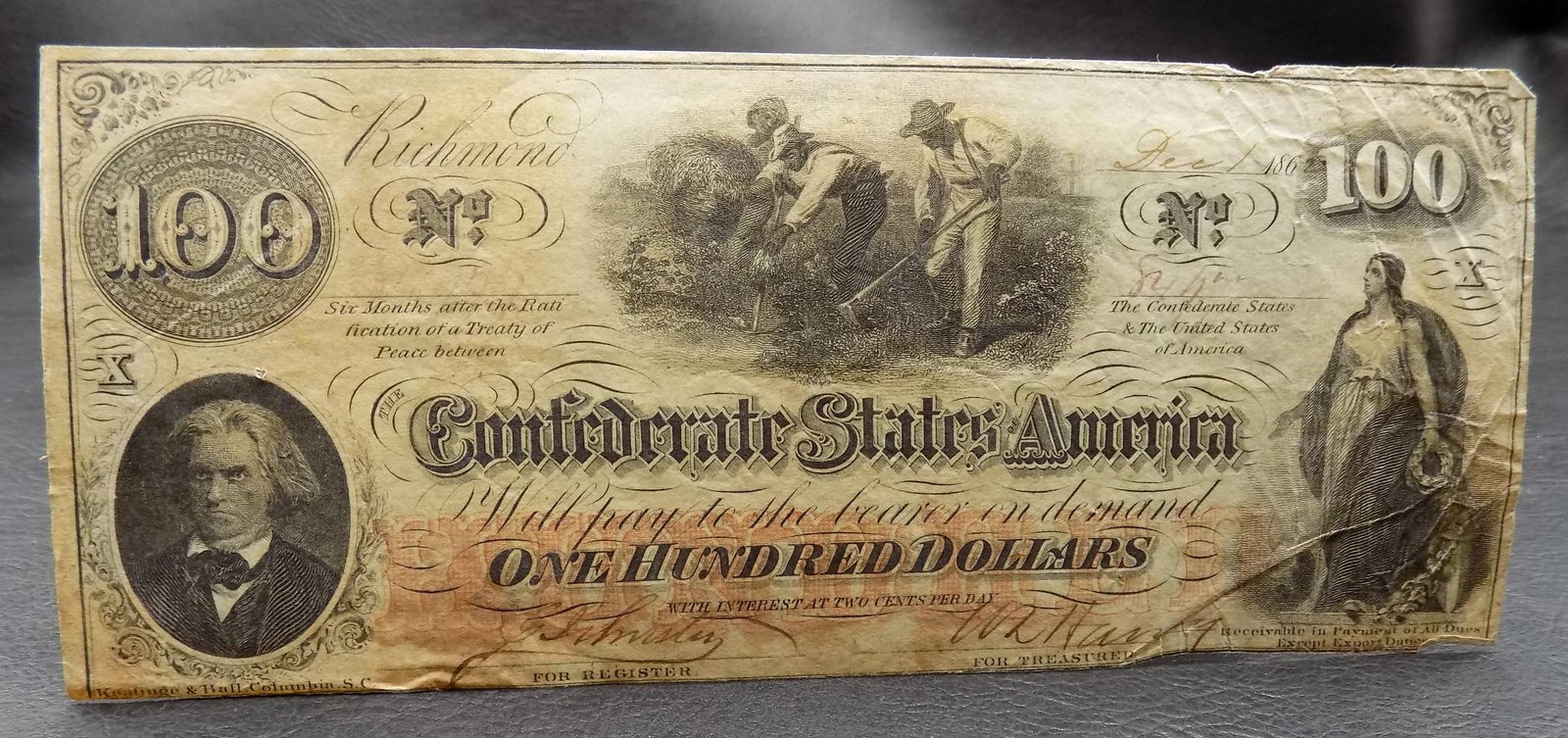 1864 Civil War 100 dollar Confederate States America Richmond Note: 1864 Civil War 100 dollar Confederate States America Richmond Note. In good original as found condition as shown in photos