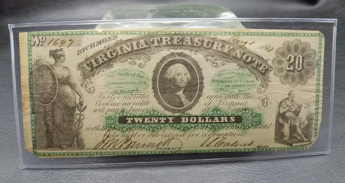 1861 Civil War 20 dollar Virginia Treasury Note: 1861 Civil War 20 dollar Virginia Treasury Note. In very good condition as shown in photo