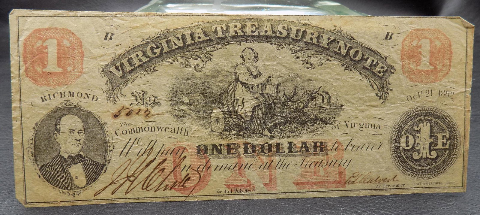 1862 Civil War 1 dollar Virginia Treasury Note: 1862 Civil War 1 dollar Virginia Treasury Note. In very good original as found condition