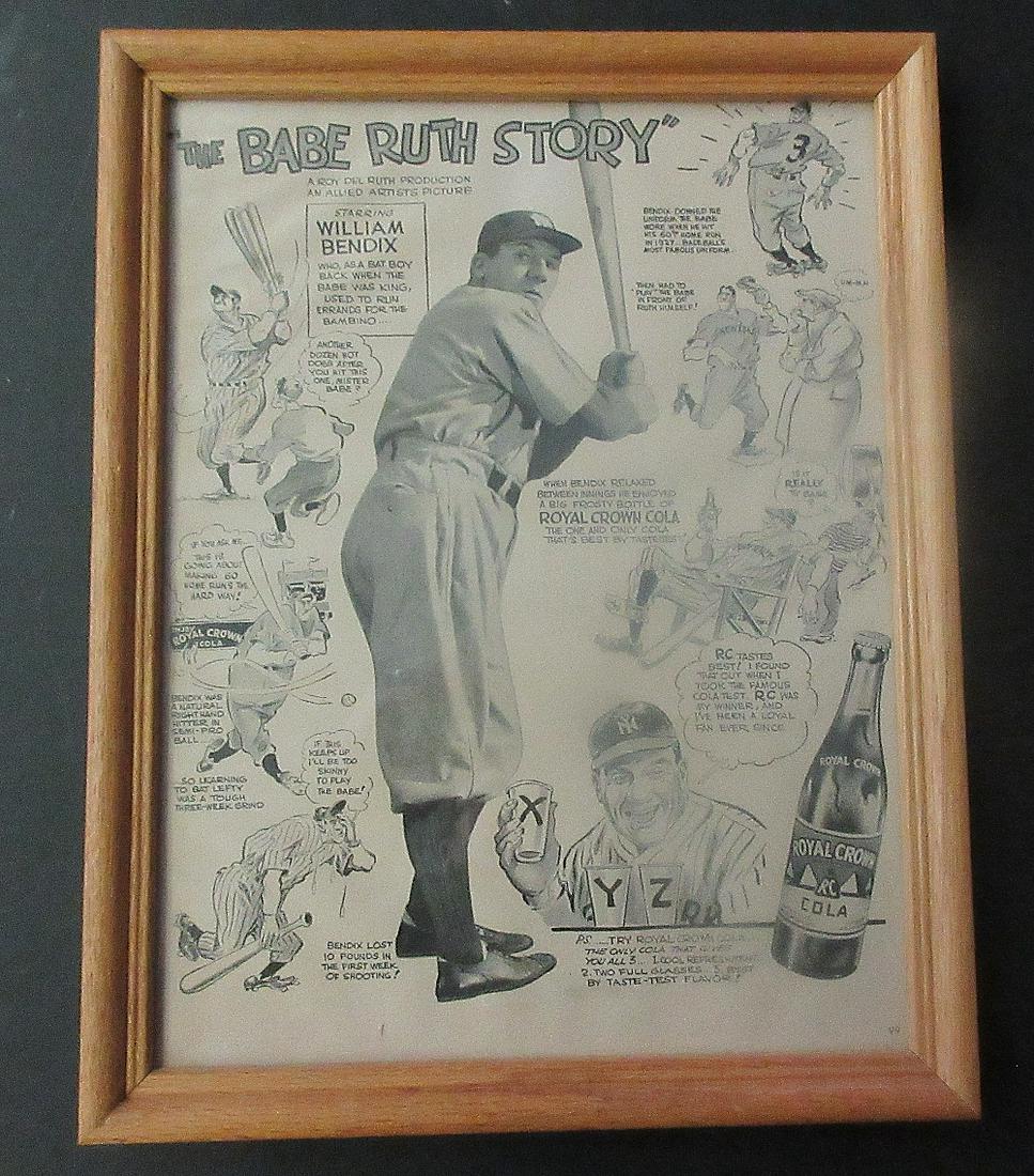 Vintage Babe Ruth Story advertising Royal Crown Cola: Vintage Babe Ruth Story advertising Royal Crown Cola. Great historic illustrations. In condition as shown In photos. Frame 14 inches x 11 inches