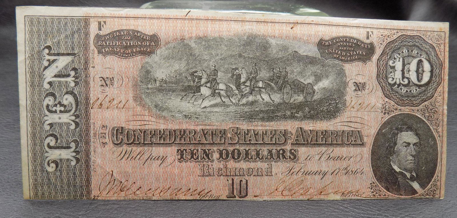 1864 Civil War 10 dollar Confederate States America Note: 1864 Civil War 10 dollar Confederate States America Note. In very good original as found condition