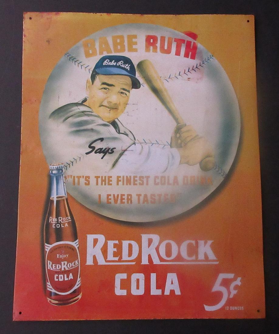 Vintage Babe Ruth advertising Red Rock Cola tin sign: Vintage Babe Ruth advertising Red Rock Cola tin sign. In condition as shown in photos. Wear normal from age. 16 inches x 12 ½ inches