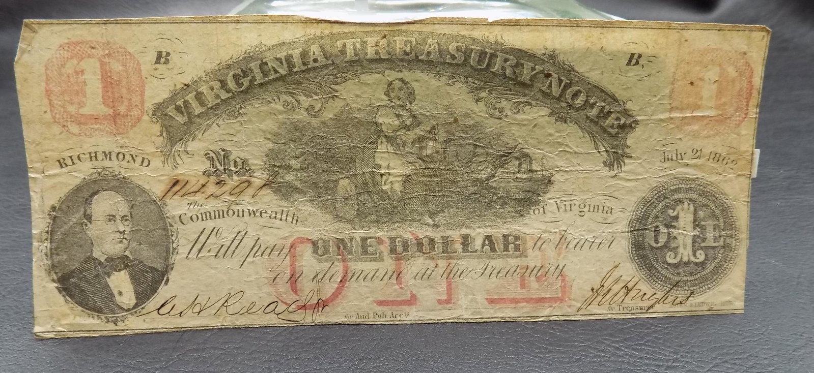 1862 Civil War 1 dollar Virginia Treasury Note: 1862 Civil War 1 dollar Virginia Treasury Note. In very good original as found condition