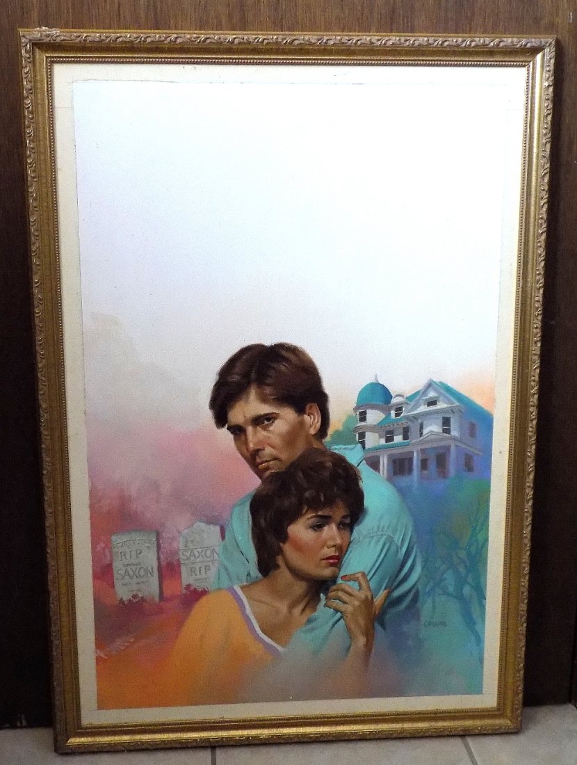 Very fine oil painting illustration for Harlequin Romance Novel: Very fine oil painting illustration for Harlequin Romance Novel. Signed by Danny Crouse, famous for cover art for romance novels. Original book cover Ravenâ€™s song on back as shown in photo. Bea