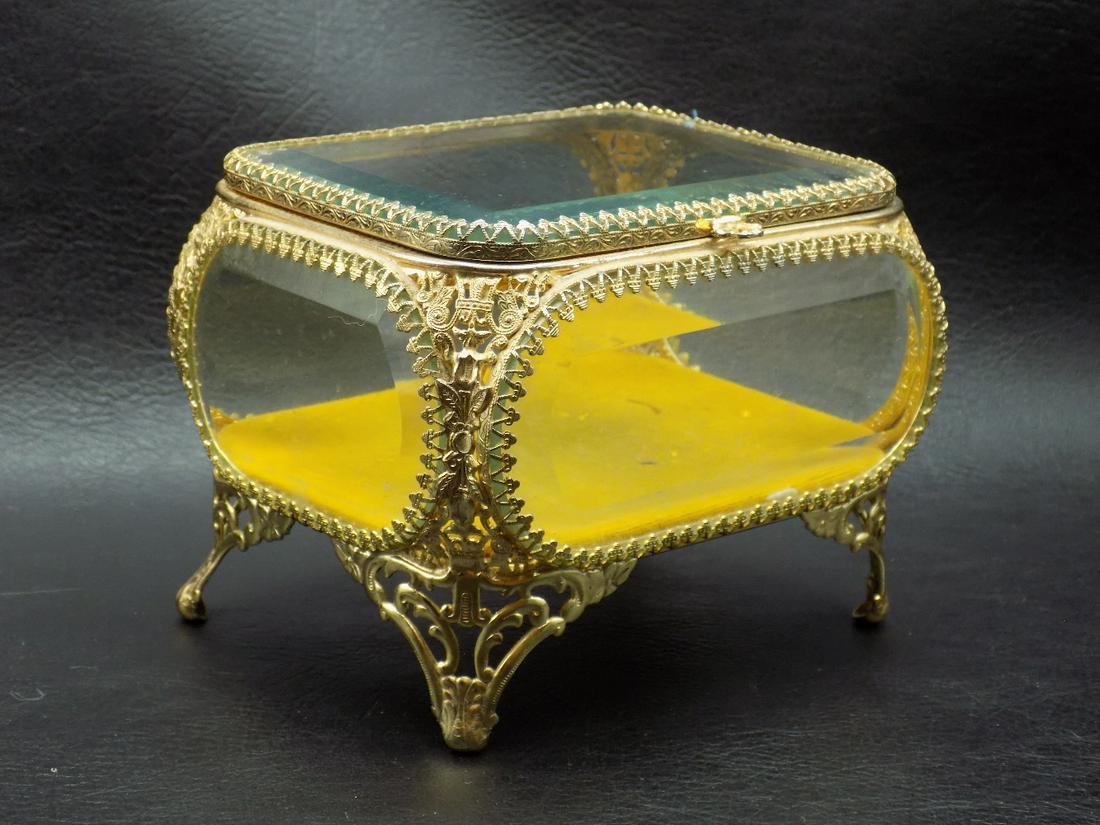 Ornate vintage beveled glass jewelry box: Ornate vintage beveled glass jewelry box. In very good original condition. Great quality and detail. 4 ¾ x 3 ¾ x 3 5/8 inches tall
