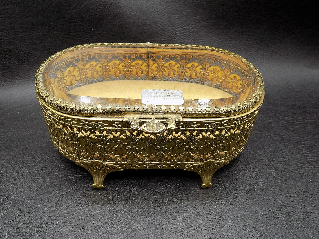 Ornate vintage 24k gold plated beveled glass oval jewelry box (1 of 10)