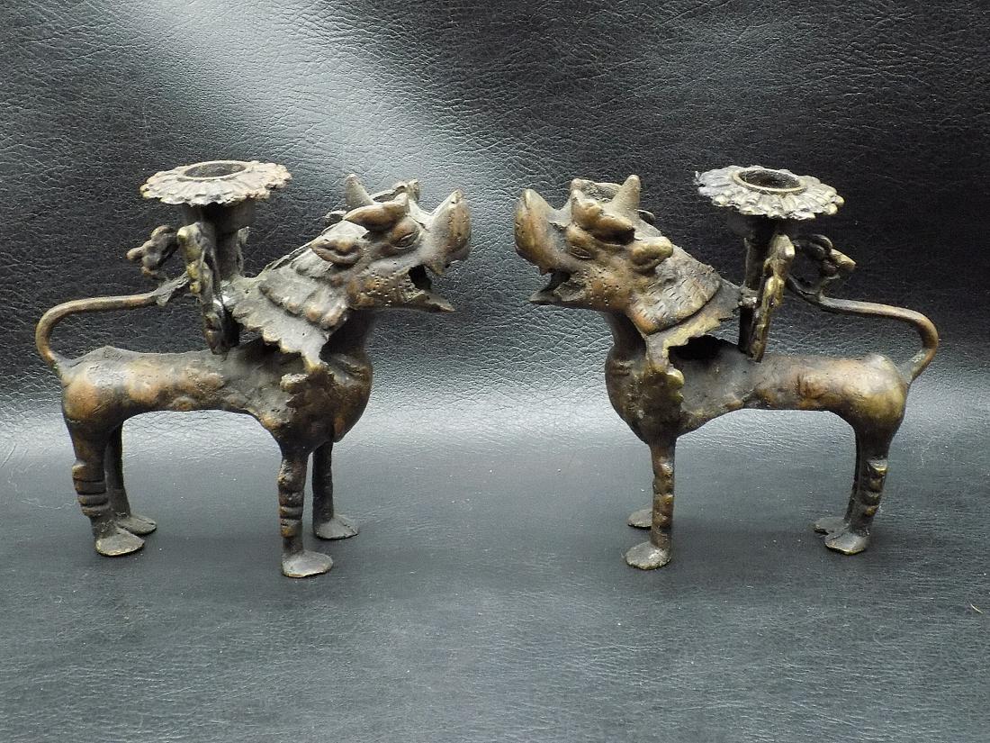Vintage pair of bronze Oriental foo dog candlesticks (1 of 8)