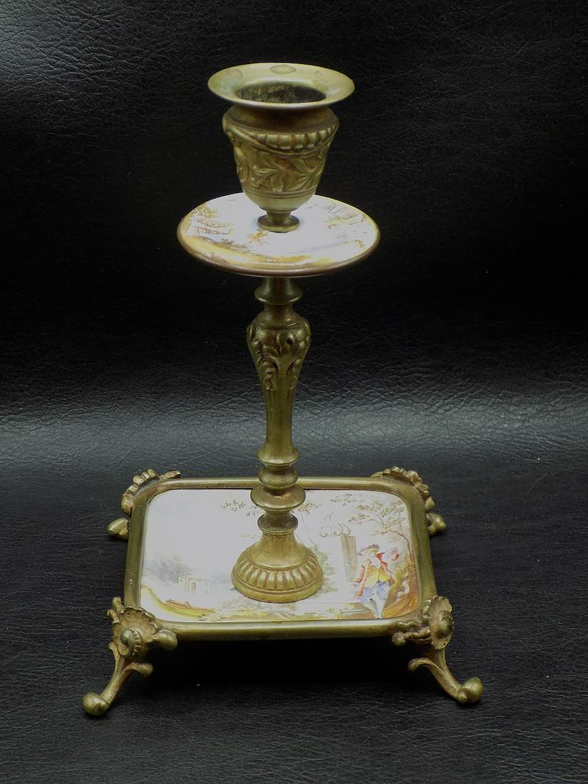 Great antique French enamel decorated candlestick: Great antique French enamel decorated candlestick . Beautiful colors. Great quality and detail. In very good original as found condition. 6 1/8 inches tall 4 1/8 square at base