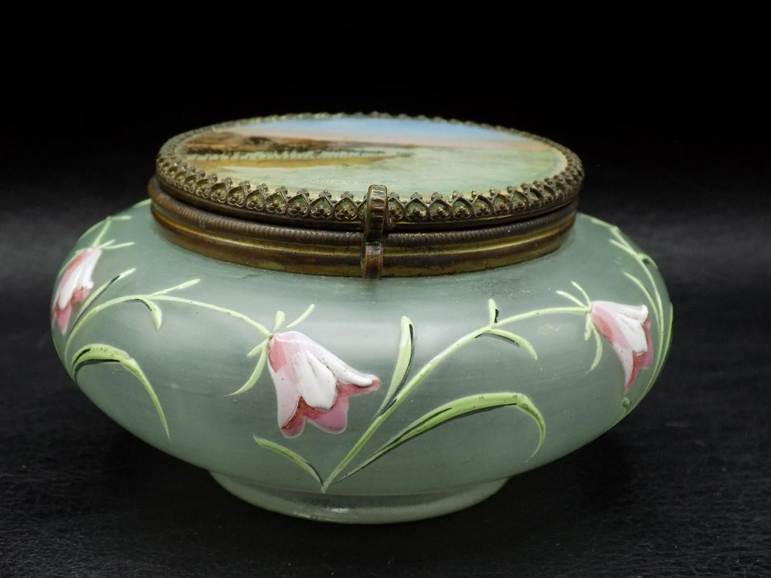 Antique art glass decorated jewelry box with miniature hand painted scene (1 of 9)