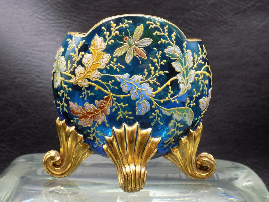 Fabulous antique decorated small Moser art glass pillow vase: Fabulous antique decorated small Moser art glass pillow vase. Three dimensional acorns and bugs. Beautiful colors. Great quality and detail. Heavy enamel decorated. Not signed but numbered on bottom a