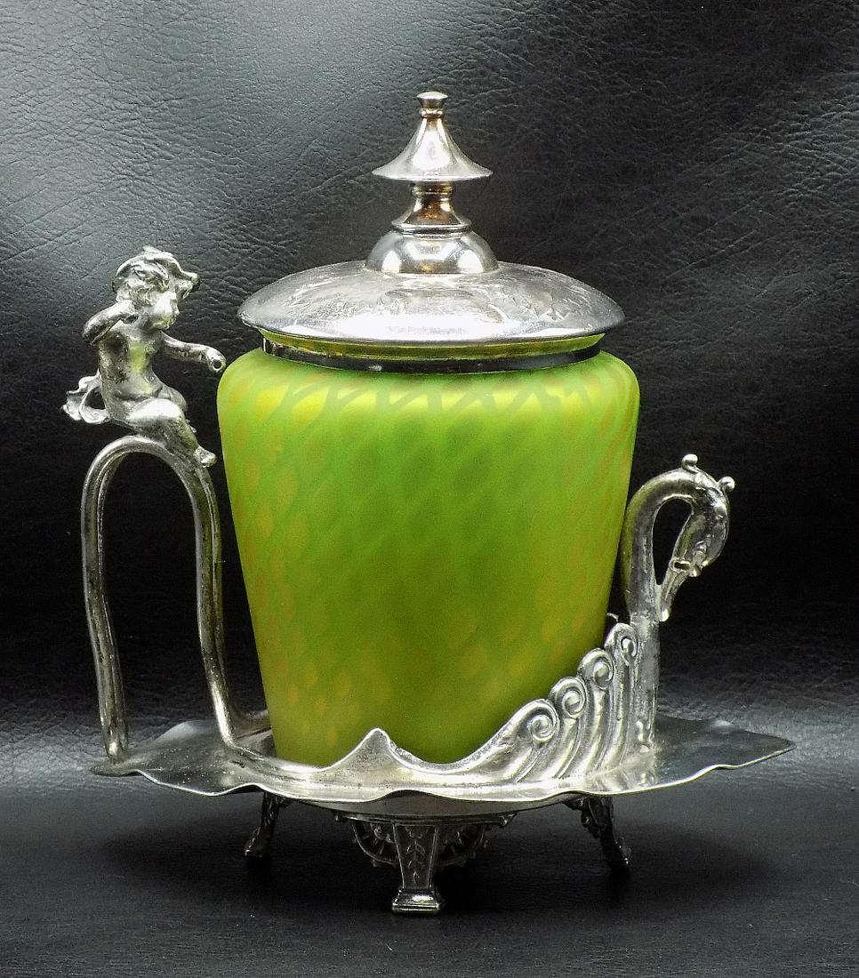 Fabulous Victorian art glass pickle caster with cupid and swan holder. (1 of 13)