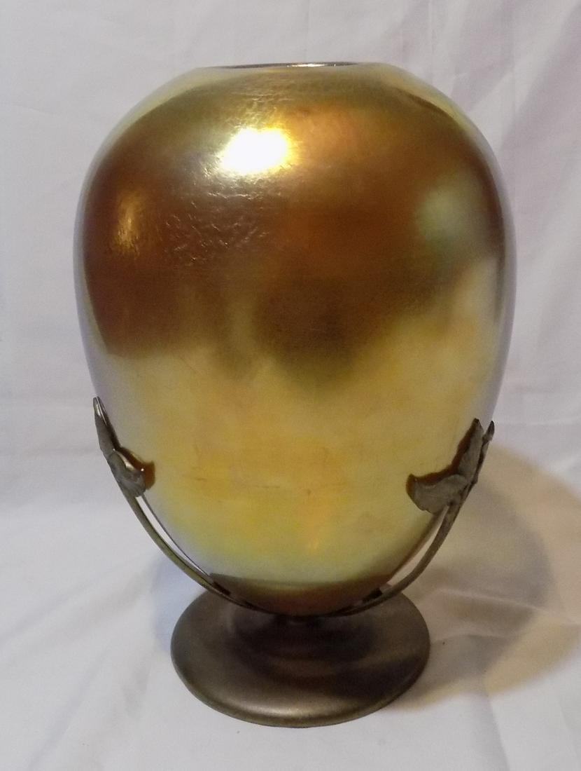 Lovely antique signed Tiffany Favrile large art glass vase with holder (1 of 9)