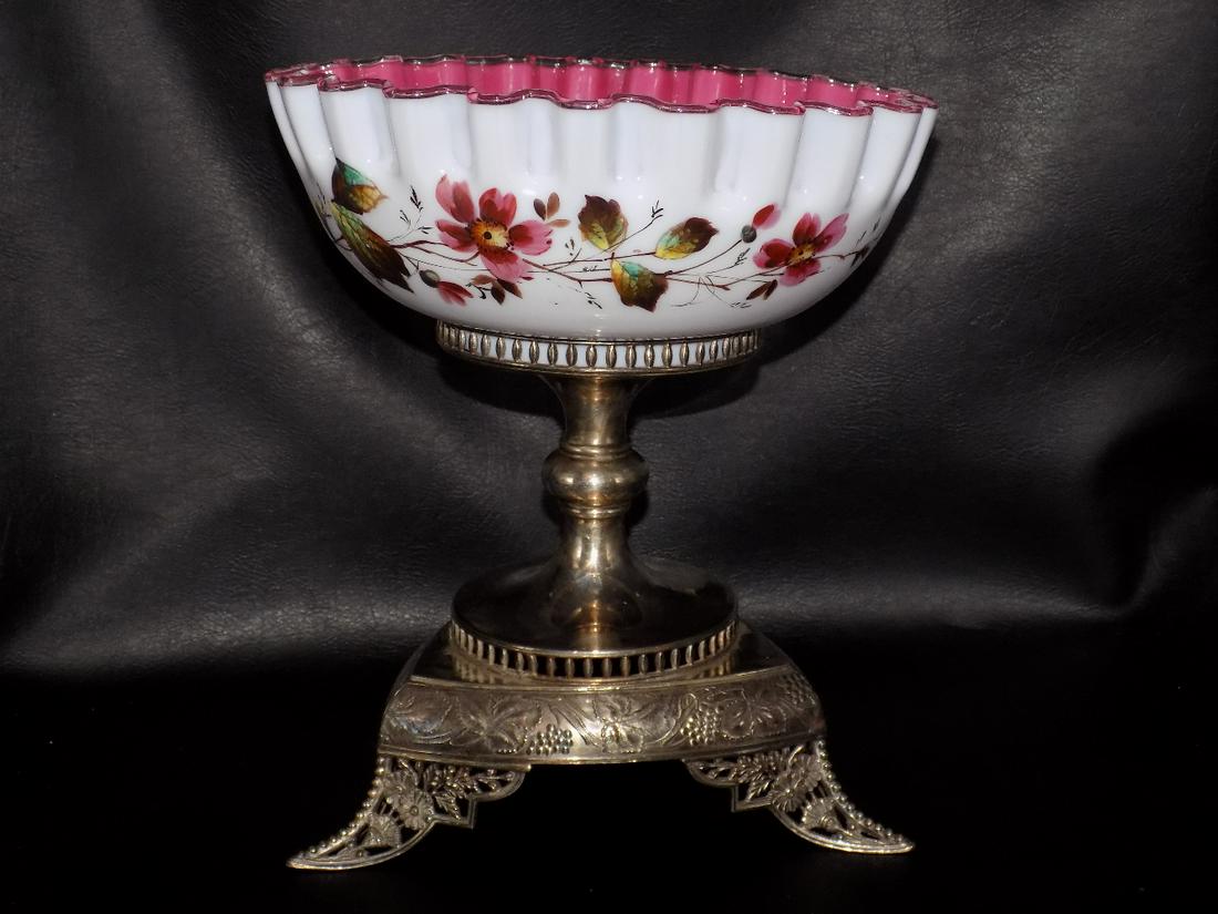 Nicely decorated antique art glass bride’s bowl Pairpoint base (1 of 10)