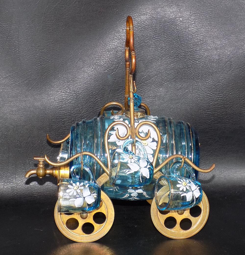 Magnificent Victorian decorated art glass cordial or liquor set with wagon (1 of 16)