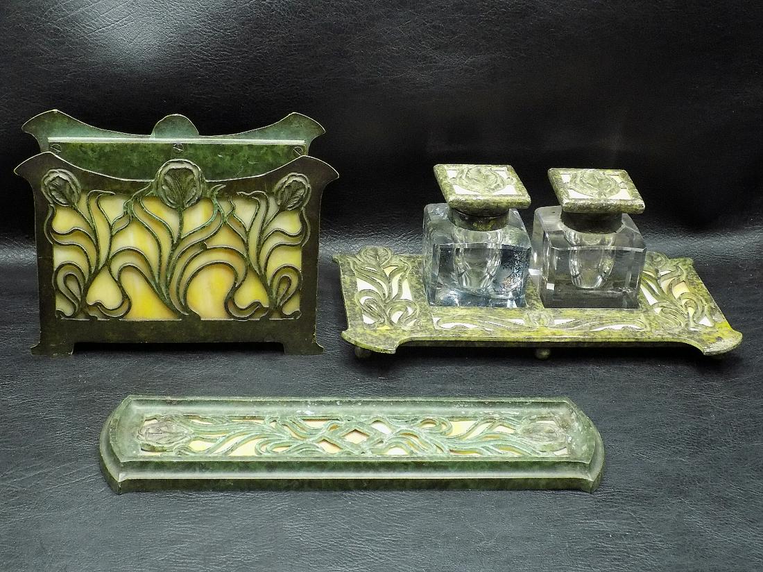 Vintage Art Nouveau bronze and stained glass desk set: Vintage Art Nouveau bronze and stained glass desk set. No maker markings. Original patina. Great quality and detail. In very good original as found condition. One ink well holder has lid that is not a