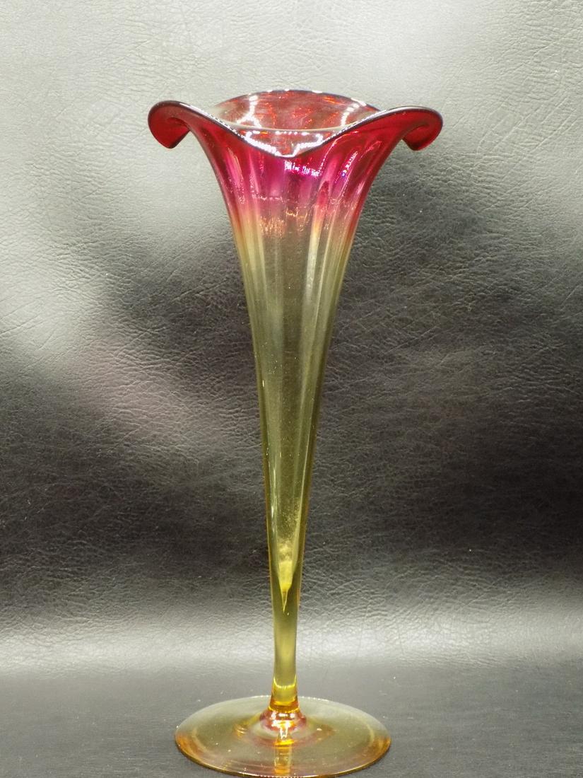 Pretty antique cranberry to amber art glass flower form base: Pretty antique cranberry to amber art glass flower form base. Beautiful colors. In very good original as found condition. All hand blown with ground and polished pontil. 10 inches tall x 3 3/8 wide at
