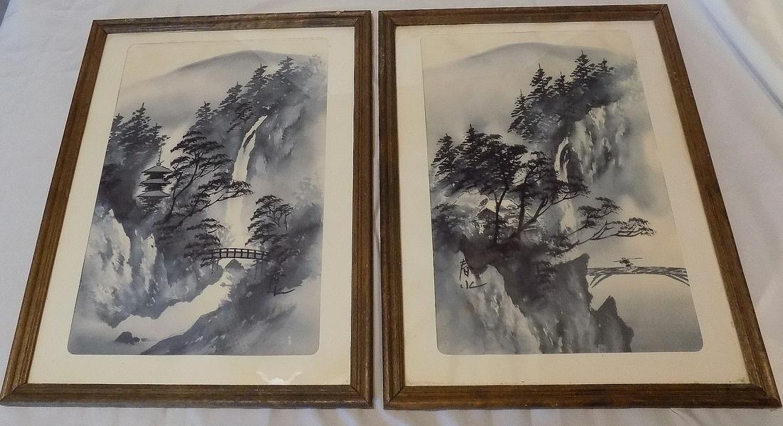 Two vintage artist signed Oriental watercolors (1 of 6)