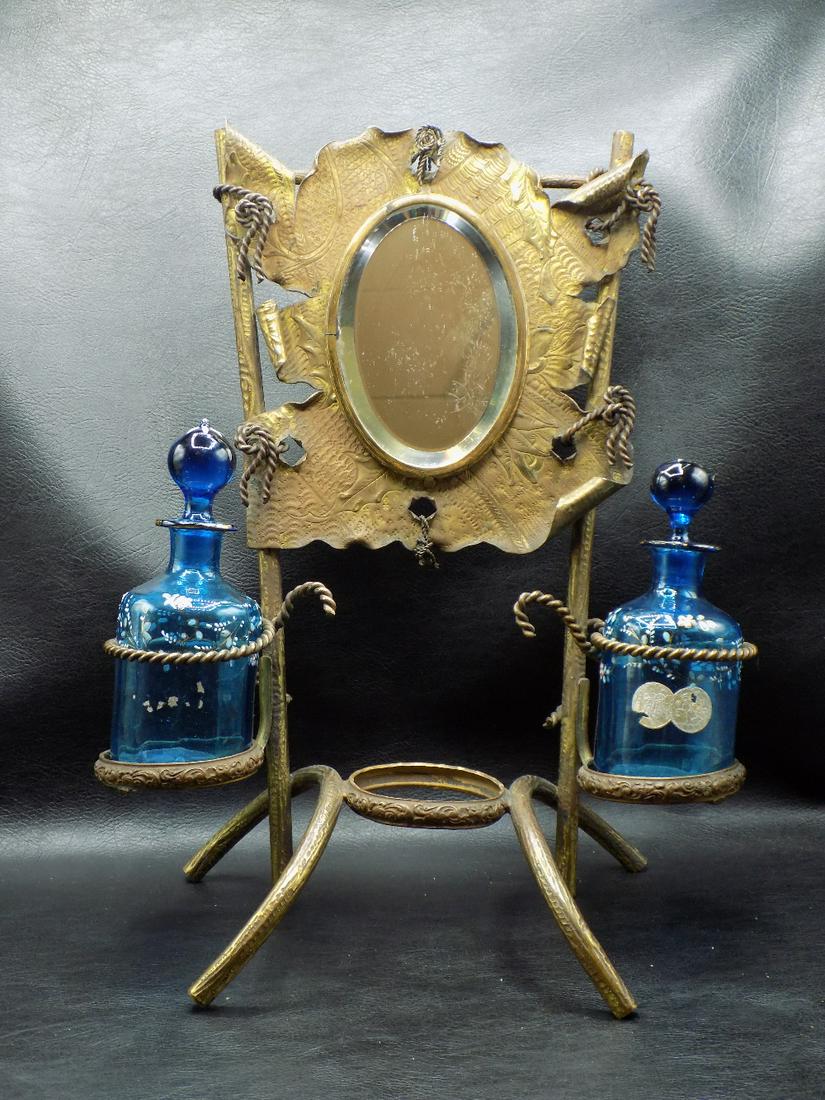 Fancy antique vanity mirror with art glass perfume bottles (1 of 12)