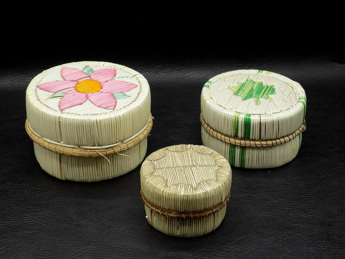 Three vintage Native American Indian porcupine quill baskets (1 of 16)