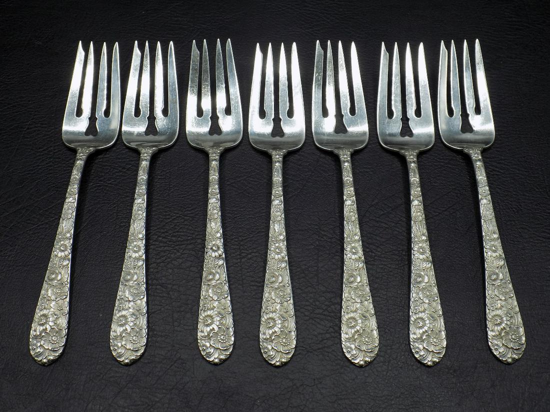Set of 7 1932 Alvin sterling silver Repousse salad forks (1 of 5)