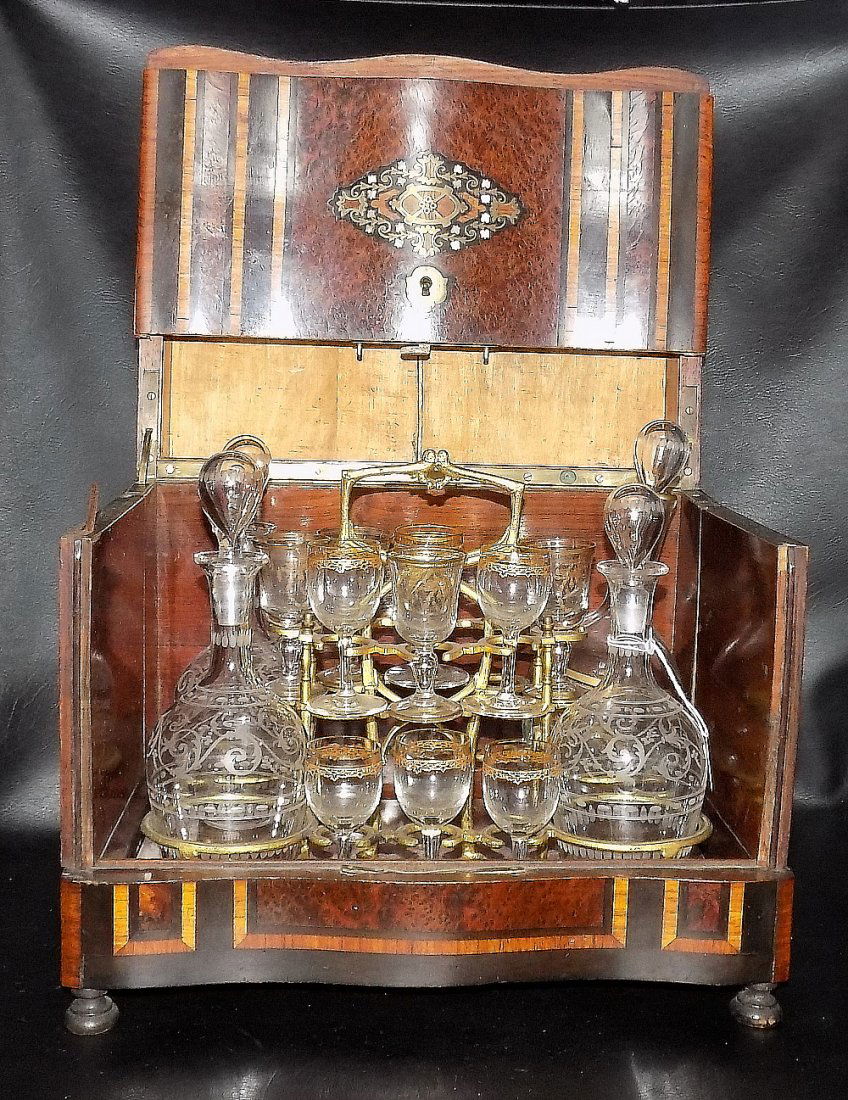 Antique liqueur Tantalus decanter set in ornate box (1 of 13)