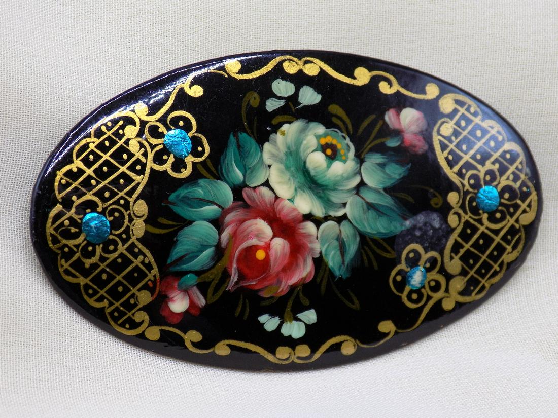 Vintage Russian Artist Signed Enamel Decorated Broach Auction