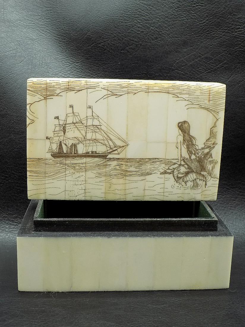 Very nice scrimshaw decorated covered box with sailing ship: Very nice scrimshaw decorated covered box with sailing ship and mermaid. Appears to be made of bone. Great quality and detail. In very good as found condition. Looks to be made within last thirty year