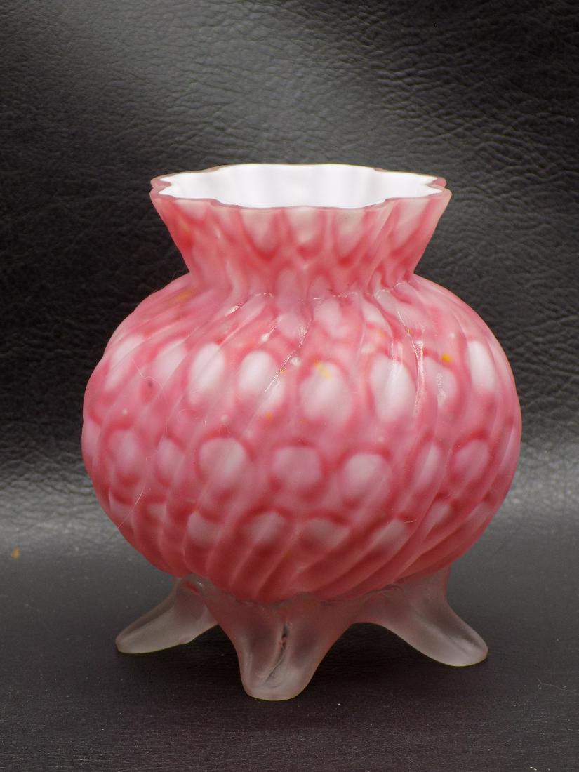 Antique art glass internal decorated vase.: Antique art glass internal decorated vase. Cased glass with frosted applied feet. Blown out ribs or panels. In very good original as found condition. 3 ¾ inches tall