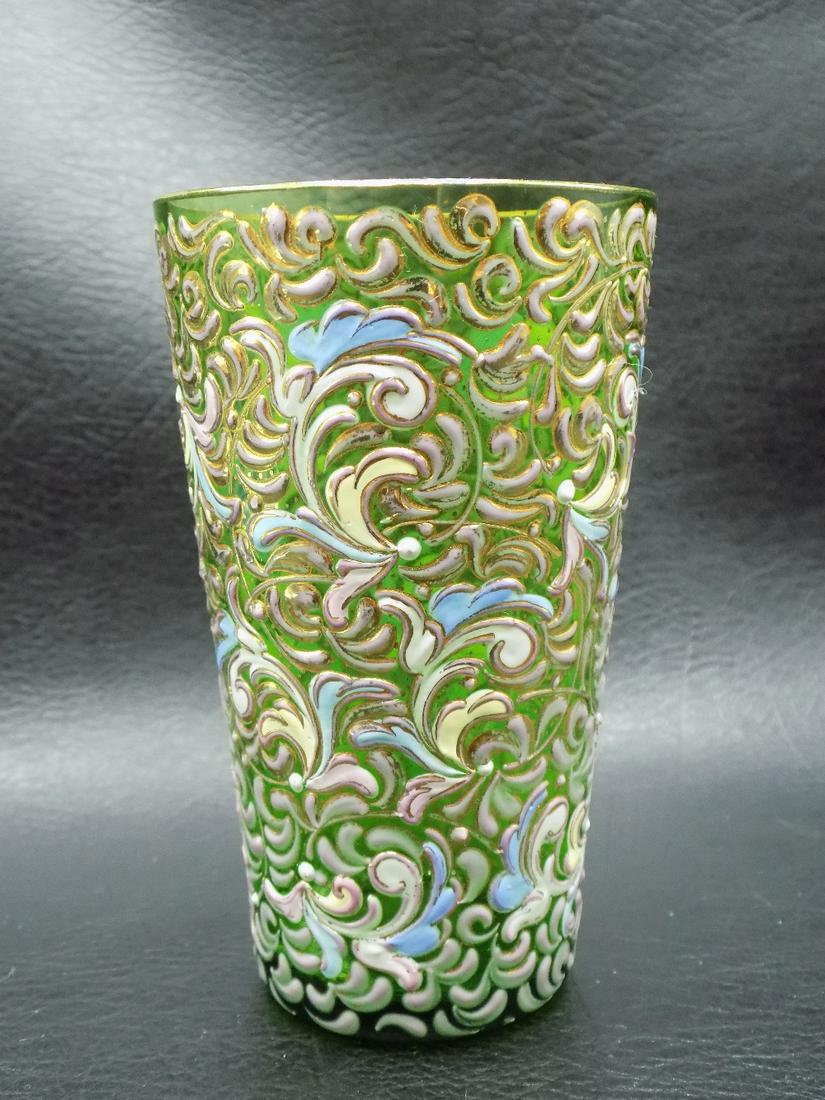 Beautifully decorated Moser art glass juice glass: Beautifully decorated Moser art glass juice glass. Beautiful colors. Great quality and detail. Is not signed. 3 ¼ inches tall x 2 ¼ wide at top of glass