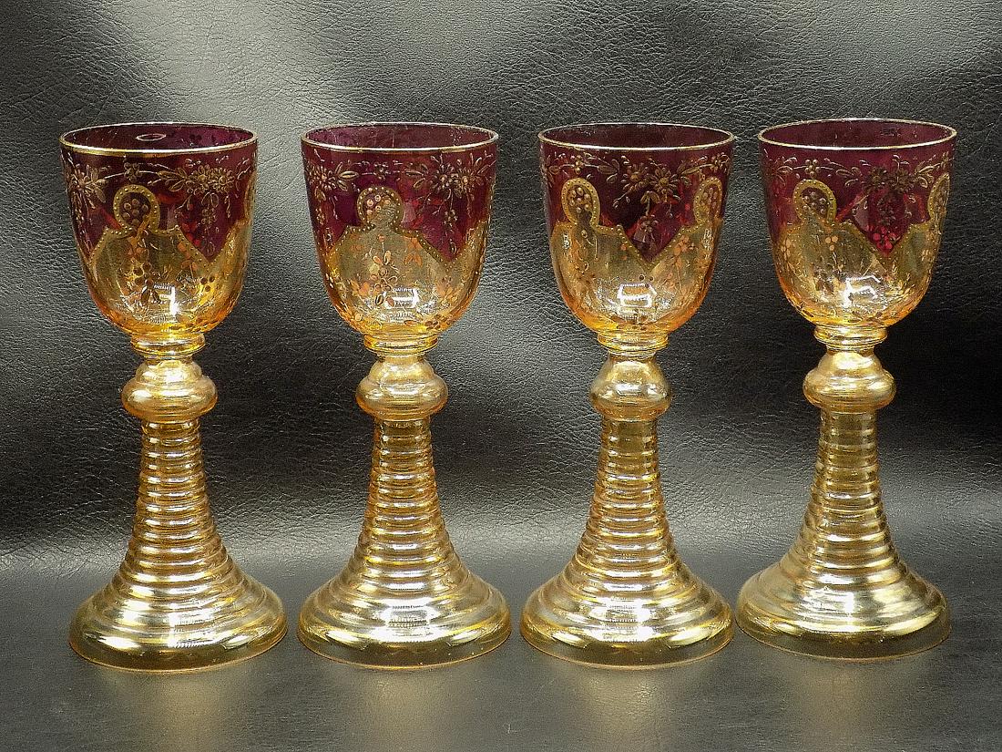 Fabulous antique decorated Moser wine glasses: Fabulous antique decorated Moser wine glasses. Beautiful colors. Beautiful enamel gold decorated. Great quality and detail. No signature. Matching set of four, previous lot 99. 7 inches tall x 2 ½