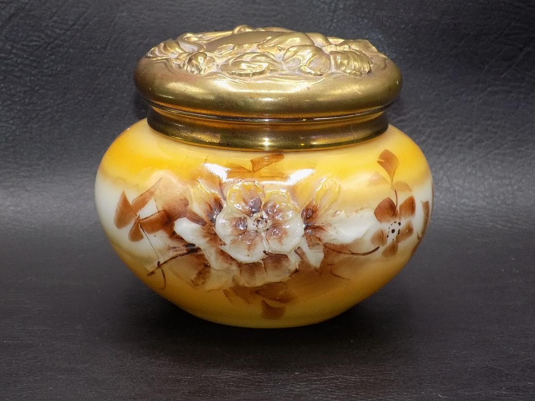 Lovely Victorian decorated art glass jewelry box: Lovely Victorian decorated art glass jewelry box. Blown out floral decorated on jar and lid. Great quality and detail. 3 ¼ inches tall x 4 wide