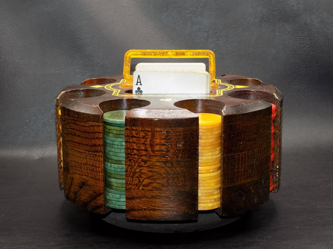 Vintage Bakelite poker chips rack in rotating wood container (1 of 6)