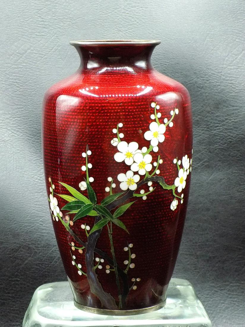 Unusual vintage cloisonne vase with red foil and leaf decoration (1 of 8)
