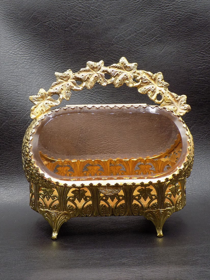 Fancy vintage brass jewelry box with double beveled glass panels (1 of 8)